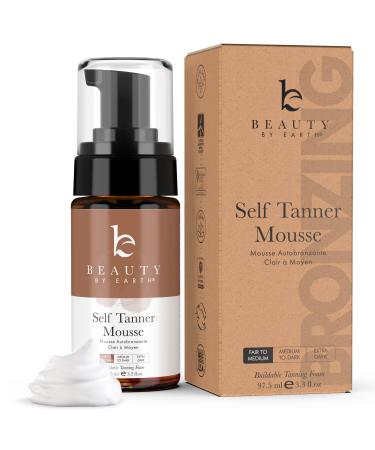 Self Tanner Mousse - USA Made with Natural & Organic Ingredients Self Tanning Mousse for Fake Tan Sunless Tanner for Pale Skin Clear & Non Toxic Tanning Foam for Streak Free Finish No Orange Color 3.30 Fl Oz (Pack of 1) Fair to Medium