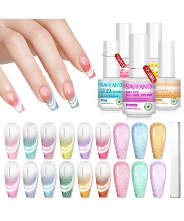 Saviland Cat Eye Gel Nail Polish Set 12 Colors 9D Glitter Magnetic Gel Nail Polish with Magnet Sparkling French Magnetic Cat Eye Gel Soak off UV Holographic Cat Eye Gel Polish for Nail Art Home Salon 12Colors-03