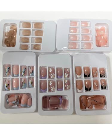 Bellelfin 5 Set Nude French Design Press on Nails - 120pcs Medium Square Short Round Fake Nails for Women and Girls - Buy Online on GoSupps.com