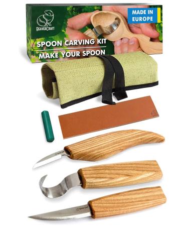 BeaverCraft S13 Wood Carving Tools Set for Spoon Carving 3 Knives in Tools Roll Leather Strop and Polishing Compound Hook Sloyd Detail Knife Right-Handed Spoon Carving Knives