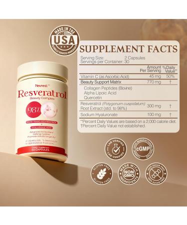 NEUNEST Resveratrol Supplement 98% High Purity Trans-Resveratrol Complex with Collagen Peptides & Hyaluronic Acid Quercetin Antioxidant Support for Skin & Beauty Immune Health Gluten-Free 60 Capsules - Buy Online on GoSupps.com