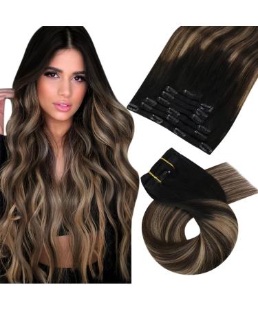 Moresoo Clip in Human Hair Extensions Clip in Real Hair Natural Black to Dark Brown with Golden Blonde Clip in Hair Extensions Ombre 24 Inch 7 Pieces/120g #1B/4/14 60 cm #1B/4/14