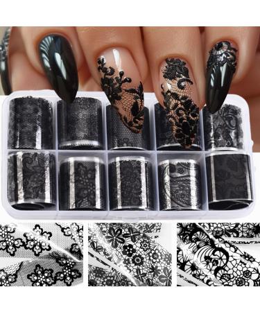 10 Rolls Retro Holographic Nail Foil Transfer Stickers Black Lace Laser Foils Nail Art Supplies Starry Paper Designs Black Flower Foil Transfers Decals Lace Floral Foil Nail Wraps for Foil Nail Art