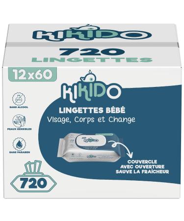 Kikido Baby Wipes - 720 Pieces 12 Packs of 60 Baby Cleaning Wipes - Safe-Stiff Lid - Alcohol Phenoxyethanol and Parabens Free - for Sensitive Skin - Pack of 12 x 60