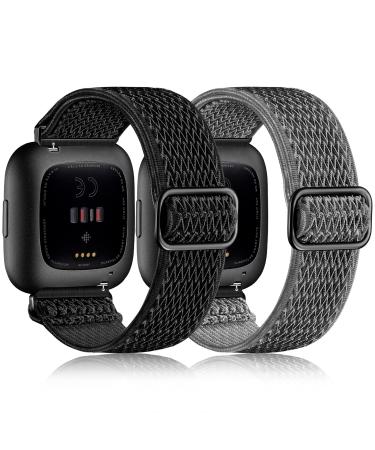 Fuleda Elastic Bands Compatible with Fitbit Versa 2 Band Women Men, 2Pack Soft Adjustable Nylon Breathable Sport Band for Versa/Versa 2/Versa Lite/SE Smartwatch Loop Stretchy Wristband, Black & Gray Black/Grey