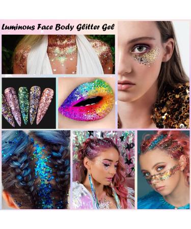 18 Colors Glow in The Dark Glitter Gel for Face, Body, Eye, Lip, Nail & Hair | UV Holographic, Self-Adhesive Luminous Glitter | Halloween & Christmas Party Makeup - Buy Online on GoSupps.com
