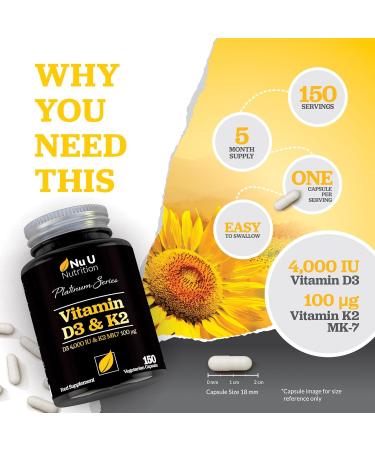 High Strength Vitamin D3 4000 IU & K2 100 g MK7-150 Capsules - 5 Month Supply - Made in UK - Buy Online on GoSupps.com