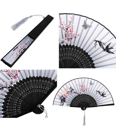 Folding Bamboo Handheld Fans Set - 4 Pieces with Tassel | Wall Decoration & Gift | Black Gray Gradient Pink Plum Blossom - Buy Online on GoSupps.com
