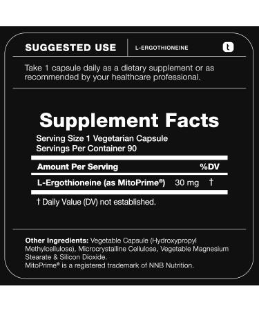 Ergothioneine with Clinically Studied MitoPrime - High Potency 30mg with 98% Purity - Fermentation-Based L Ergothioneine Supplement - Longevity and Immune Support - Third-Party Tested 90 Capsules 90 Count (Pack of 1) - Buy Online on GoSupps.com