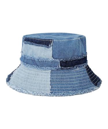 GuanGu Denim Bucket Hat for Women Washed Packable Summer Beach Sun Hats Mens Womens Bucket Hat for Travel Denim(blue) Small-Medium