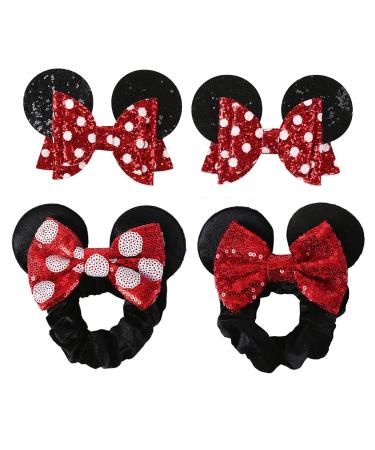 4PCS Mouse Ears Hair Clips & Mouse Ear Scrunchies Red Polka Dot Hair Bows Barrettes for Women Girls Costume Accessories Glitter Party Decorations