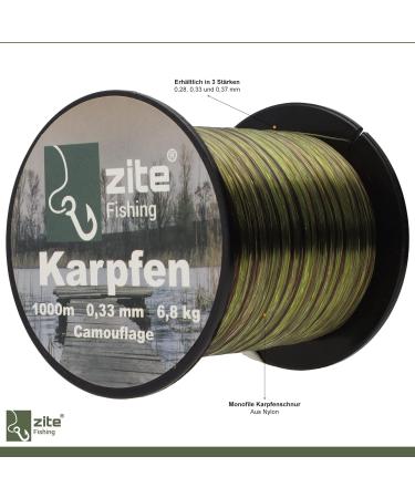 Zite Fishing Monofilament Line - Camouflage Carp Cord 0.33mm 1000m - Abrasion-Resistant Nylon with 6.8g Load Capacity for Superior Fishing Performance - Buy Online on GoSupps.com