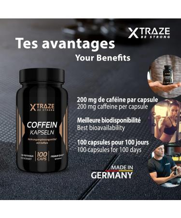XTRAZE Caffeine Tablets 200mg in High Dose - 100 Capsules for 100 Days of Continuous Care - German Quality Natural Anhydrous Caffeine Tablets Without Unnecessary Additives Pure Caffeine Pills - Buy Online on GoSupps.com