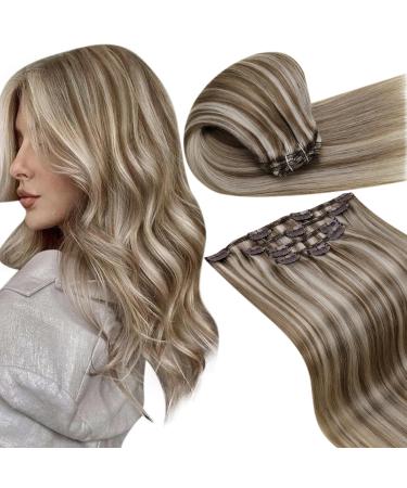 LAAVOO Extensions Clip in Real Hair Blond Highlight Real Hair Clip In Extensions Light Brown Platin Blond Hair Extension Real Hair Clip Double 30cm 70g 5pcs #P8/60 30cm-70g 3.5 #P8/24