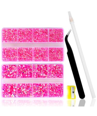10400PCS Hot Pink Rhinestones, Jelly Resin Rhinestones for Nails, Flatback Non Hotfix Crystals DIY Rhinestones for Crafts with 15 cm Pencil Sharpener and Tweezer & Picker Pen (Rose AB)
