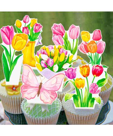 Tulips Cupcake Toppers 48Pcs Tulip Party Decorations Spring Flower Party Supplies Spring Tulips Cupcake Picks for Spring Mother's Day Decorations - Buy Online on GoSupps.com