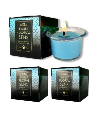 Beeswax Body Massage Candle Sweet Floral Scent - Low Heat Oil Warmer - Skin Safe Moisturize - Set of Three 0.7 oz Each Hot Flowers