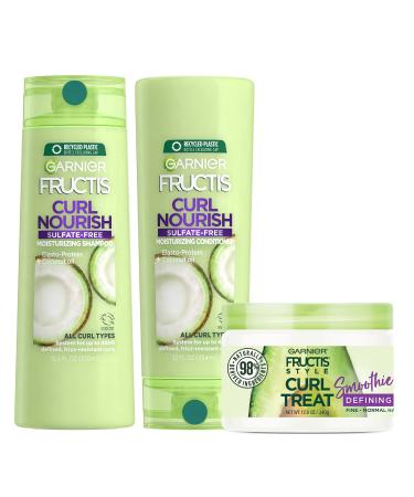 Garnier Hair Care Fructis Curl Nourish Shampoo  Conditioner  & Natural Styling Curl Treat Smoothie  Nourish for Frizz Resistant Curls  Frizz Free up to 24 Hours  Paraben Free 1 Kit