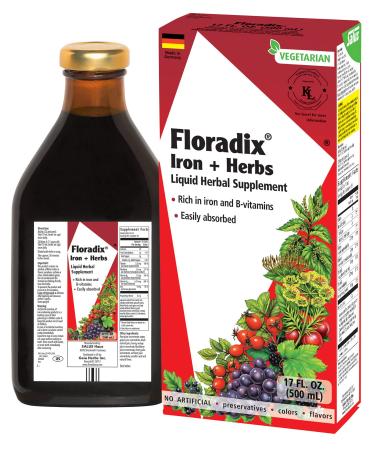 Flora Floradix Iron + Herbs Supplement Liquid Extract Formula 17 fl oz (500 ml)