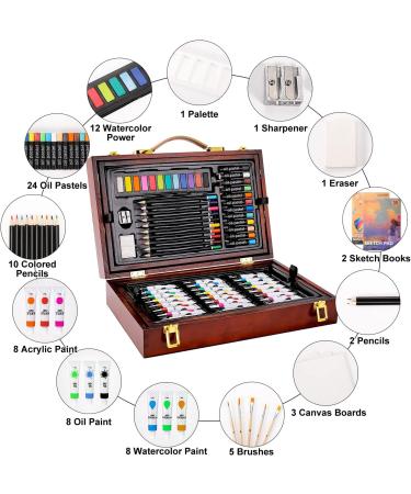 85 Piece Wooden Art Set - Painting Supplies with Watercolor, Oil Pastels, Colored Pencils - Portable Gift for Kids, Beginners, and Artists - Brown - Buy Online on GoSupps.com