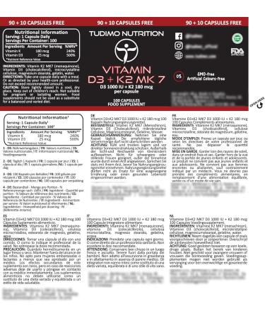 Vitamine D3 K2 MK7 1000 IU / 180 mcq - 100 Capsules (3+ mois) D sint gration Rapide avec Vit K comme la Menaquinone et Vit D comme la Poudre de Cholecalciferol - Buy Online on GoSupps.com