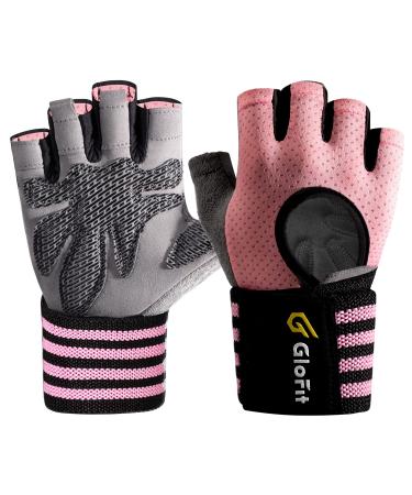 Glofit Workout Gloves with Wrist Wrap Support for Men & Women, Weight Lifting Gloves Anti-Slip Padded Palm Fingerless Exercise Glove for Powerlifting, Gym, Training Pink Medium