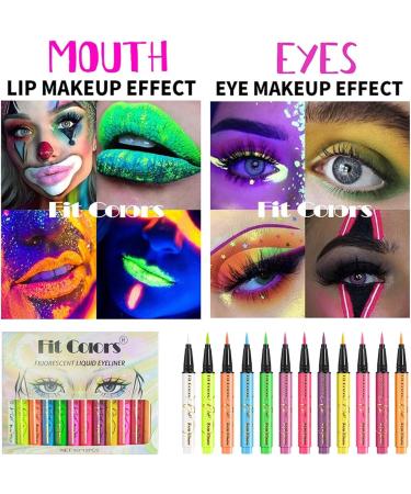 Colored Eye Liner Waterproof Fluorescent Eye Liner Face Glitter - 12 Colors UV Neon Liquid Eye Liner Set Festival Accessories Makeup Kit Pigmented Graphic Liners for Eye Makeup - Buy Online on GoSupps.com