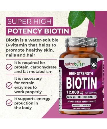 Biotin Hair Growth Supplement 12000mcg with Coconut Oil | 180 Vegan Capsules | 6 Months Supply | UK Made - Buy Online on GoSupps.com