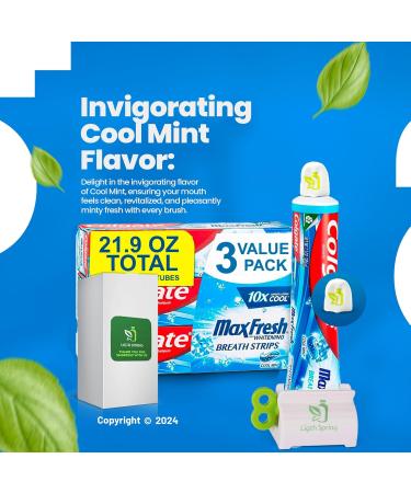 Max Fresh Whitening Toothpaste with Mini Breath Strips - Cool Mint 3 Large Tubes (21.9 oz) + Bonus Gift Set: Toothpaste Squeezer & No-Mess Caps - International Shipping Available - Buy Online on GoSupps.com