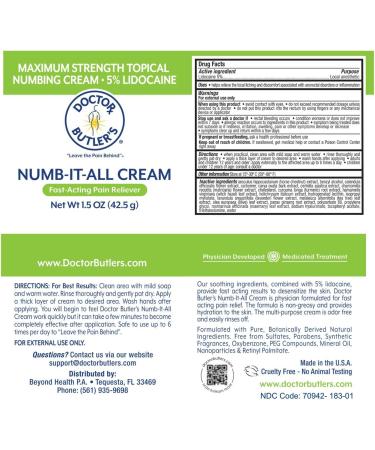Doctor Butler's Numb It All Cream - Fast Acting 5% Lidocaine Topical Numbing Relief (1.5oz) - Buy Online on GoSupps.com