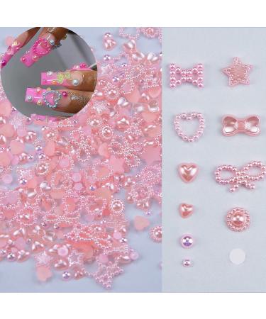 500Pcs Pink Pearls 3D Nail Art Charms Multi Shapes Heart Flower Star Bowknot Round Pearls Nail Beads Acrylic Cute Hollow Pearls Nail Charms for Valentine's Day Nail DIY Crafts Jewelry Accessories S1-pink bow