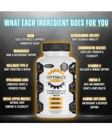 OptiWize 10-N-1 Joint Support Hydrolyzed Collagen MSM Hyaluronic Acid Glucosamine Chondroitin & More- Targets Joint Discomfort Improves Mobility & Flexibility 320 Caps for Men & Women Made in USA - Buy Online on GoSupps.com