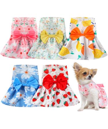 5 Pieces Dog Dresses for Small Dogs Girls Floral Puppy Dresses Pet Dog Princess Bowknot Dress Cute Doggie Summer Outfits Dog Clothes for Yorkie Female Cat Small Pets, 5 Styles(Small)