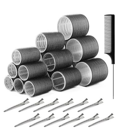 Kouclaa 31 Pcs Black Hair Roller Set Hair Rollers With Clips 3 Size(60mm 44mm 32mm) 18 Pcs Rollers for Hair Volume and 12 Hair Clips and 1 Comb Hair Rollers for Long Hair Medium and Short Hair Black(60mm 44mm 32mm)