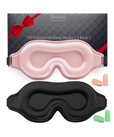 Sleep Mask for Men & Women, 2 Pack 3D Contoured Eye Mask for Sleeping with Adjustable Strap, BeeVines Molded Night Eye Sleep Mask Blindfold, Soft Breathable Eye Shade Cover for Travel Yoga Nap 01 Pink & Black (2 Packs)