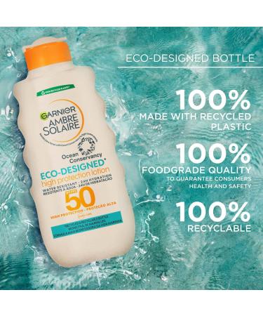 Garnier Ambre Solaire Eco Design Sun Protection Sun Cream Lotion SPF50 High Sun Protection Factor 50 Water Resistant & Non Sticky Sunscreen UVA & UVB Protection Recycled & Recyclable Bottle 200ml - Buy Online on GoSupps.com
