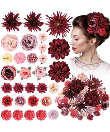 30 Pcs Flower Hair Clip for Women Multicolor Floral Clip for Hair Women Girls Hair Flowers Accessories for Beach Party Bridal Wedding Event Decor Flower Hair Clip Gifts (Red Tone)