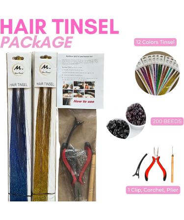 12 Colours of 47 Inches Hair Tinsel with 240 Strands each Tinsel with Tools Girls Shinning Glitter Colored Hair with Full Kit Tinsel Festival Hairs for women Colourful Fairy Tinsel Hair Extensions - Buy Online on GoSupps.com