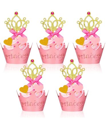 72 Pieces Glittery Princess Cupcake Toppers Crown Cupcake Wrapper Holder Pink Gold Crown Tiara Cupcake Pick Glitter Heart Cupcake Topper Baby Shower Cupcake Decoration for Birthday Wedding Party Decor