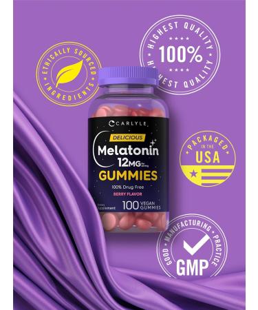 Carlyle Melatonin Gummies 12mg | 100 Count | Berry Flavor | Vegan Supplement | Non-GMO Gluten Free - Buy Online on GoSupps.com
