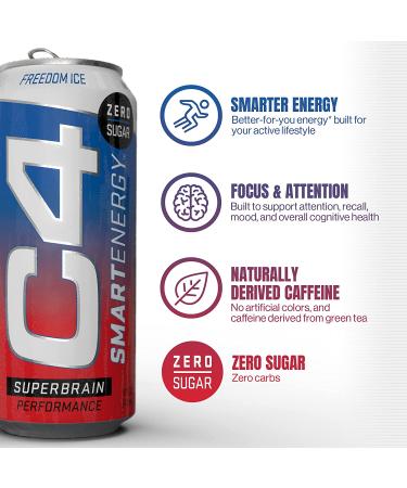 C4 Smart Energy Drink - Sugar Free Performance Fuel & Nootropic Brain Booster | Freedom Ice 16oz - 12 Pack - Buy Online on GoSupps.com