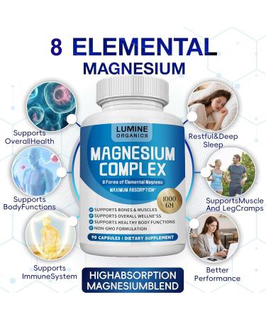 Lumine Organics Magnesium Complex Supplement 1000mg - Advanced 8-in-1 Magnesium Blend - Glycinate Citrate Malate Taurate etc. High Absorption Formula Non-GMO 90 Capsules (1) - Buy Online on GoSupps.com