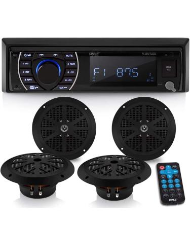 Pyle Marine Head Unit Receiver Speaker Kit - In-Dash LCD Digital Stereo Built-in Bluetooth & Microphone w/ AM FM Radio System 6.5 Waterproof Speakers (4) MP3/SD Readers & Remote Control -PLMRKT48BK