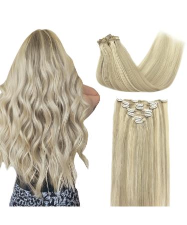 Doores Clip in Extensions Real Hair Ashblond Highlights Platinblond 55cm 22 inch 7 pieces 120g Extensions Remy Remy Clip in hair extension straight natural real hair Extensions 55cm-12M-12A/60A ashblond highlights platinum blonde