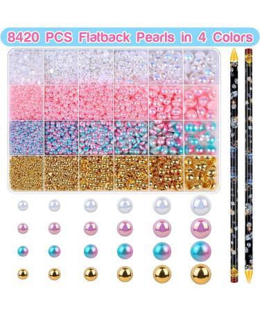 8420 PCS 4 Colors ABS Flat Back Pearls for Crafts | 3/4/5/6/8/10 mm Half Round Pearls with Self Adhesive Resin Picker Pencil | DIY Phone Nail Shoe (White Pink Peach Blue Gold) - Mix-Color - Buy Online on GoSupps.com