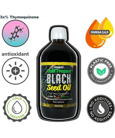 Organic Black Seed Oil 16.9 Fl Oz | Cold Pressed | 3X% Thymoquinone | Non-GMO | Pure Nigella Sativa Seed Oil | Glass Bottle - Buy Online on GoSupps.com