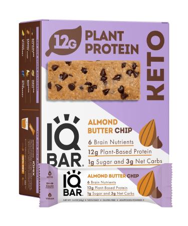 IQBAR Brain and Body Keto Protein Bars - Almond Butter Chip Keto Bars - 12-Count Energy Bars - Low Carb Protein Bars - High Fiber Vegan Bars and Low Sugar Meal Replacement Bars - Vegan Snacks 12 Count (Pack of 1)