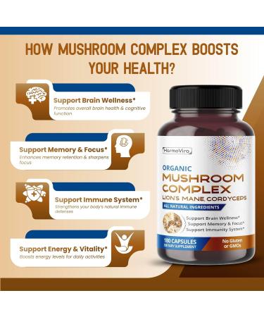 Organic Mushroom Complex with Lion's Mane Cordyceps & Turkey Tail Brain Memory & Immune Support 180 Capsules (6-Month Supply) 60 count (pack of 2) - Buy Online on GoSupps.com