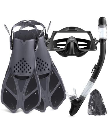 Tongtai Mask Fin Snorkel Set with Adult &Kids Snorkeling Gear, Panoramic View Diving Mask,Trek Fin,Dry Top Snorkel +Travel Bags, Professional Snorkel for Lap Swimming Adults-Black ML/XL(9-13)