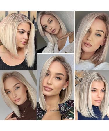Dark Ombre White Bob Wig with Side-part and Dark Roots - Heat Resistant Synthetic Wig for Women - Buy Online on GoSupps.com